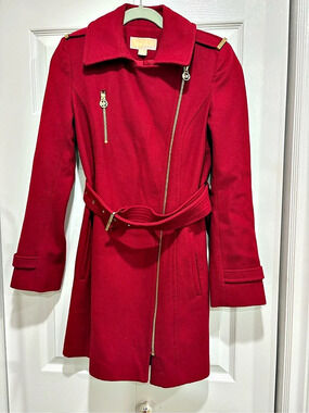 Michael Kors Wool Blend Belted Moto Coat Red
